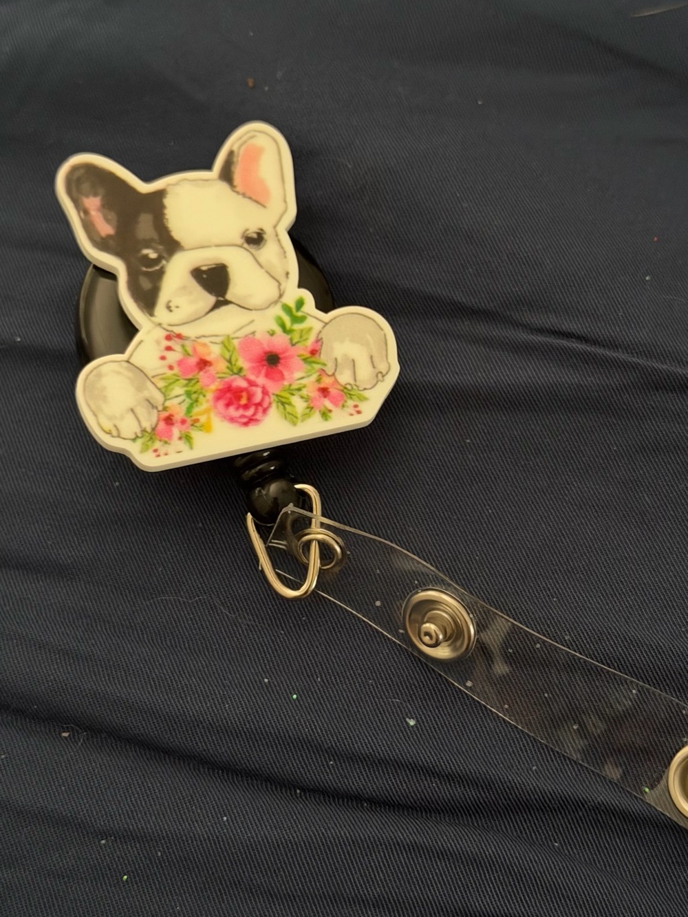 Cute Black & White French Bulldog Retractable Badge Reel with Pink Floral Accent